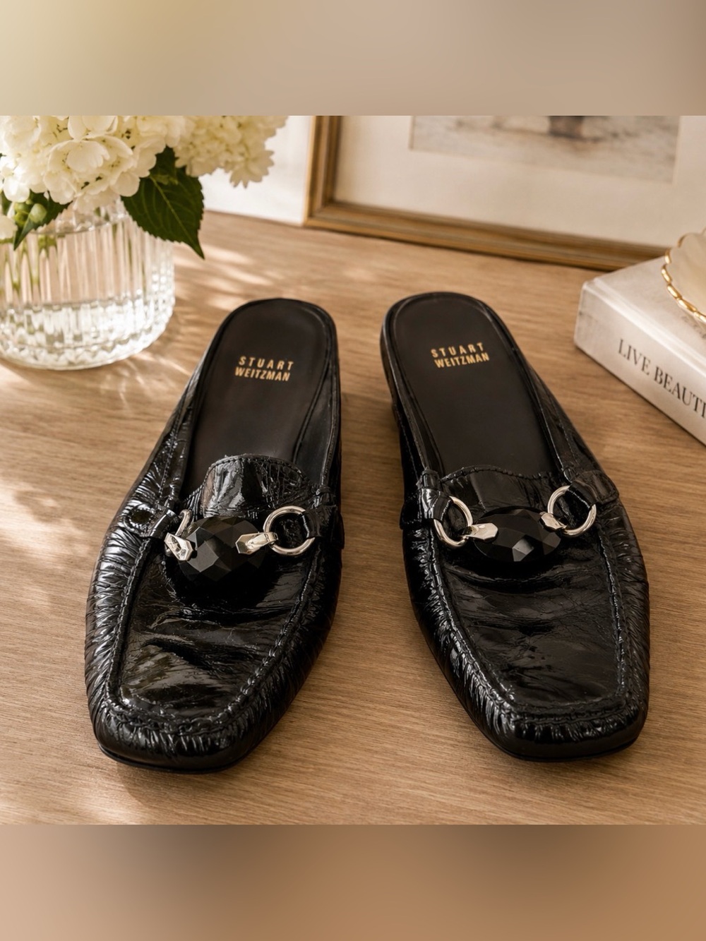 Stuart Weitzman crinkled Black patent leather Slip-Ons mules 6.5